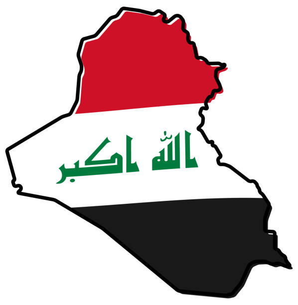 istock Simplified map of Iraq outline, with slightly bent flag under it. 1065795582