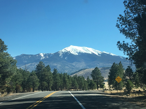 Ponderosa Pines line the highway north of Flagstaff, Arizona, with Humphreys Peak in the distance. Snow on the mountaintop in November. Smooth highway approaching the city. A \