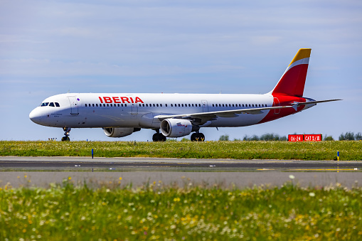 Prague, CZECH REPUBLIC - 07/07/2018: Landing and Arrivals on Vaclav Havel airport, Prague, Iberia Airbus A321