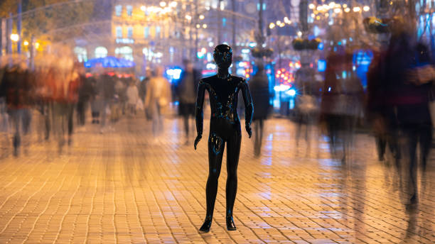 istock The black mannequin standing on the crowd street. evening time 1065803944