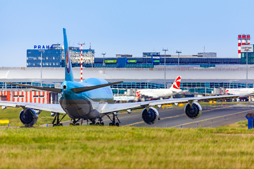 CZECH REPUBLIC, Prague - 2018/07/07: Landing and Arrivals on Vaclav Havel airport, Prague, Korean Air jumbojet Boeing 747-8