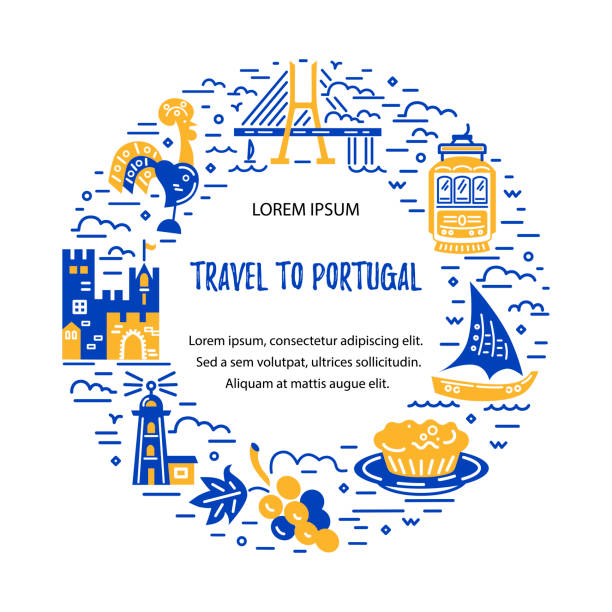 ilustrações de stock, clip art, desenhos animados e ícones de flat and line style circle frame with symbols of portugal - vinho do porto