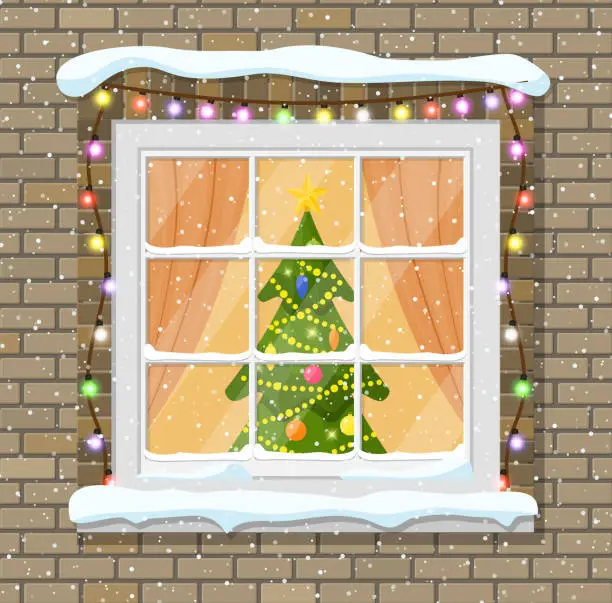 Vector illustration of Christmas window in brick wall.