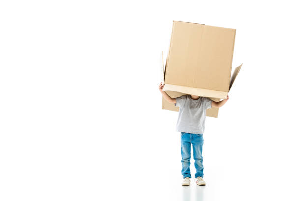 istock Little boy hiding in the paper box isolated on white 1065811802
