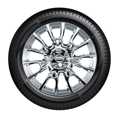 Different angles viewed of wheel on a white background. Name and logo was retouched, only tire labeling visible.