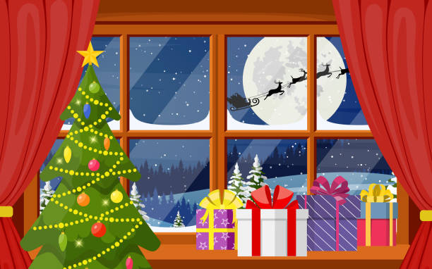 istock Santa claus and his reindeer in window. 1065813498