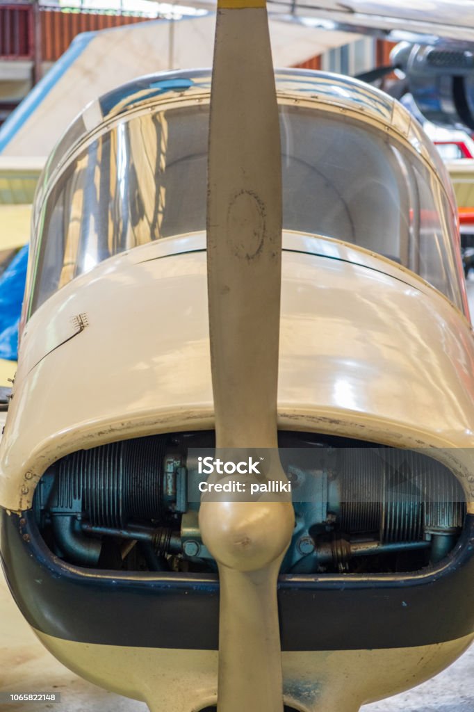 Front view of a single engine propeller aircraft. Front view of a single engine propeller aircraft at the Manchester Museum of Science and Industry Air and Space Hall Industry Stock Photo