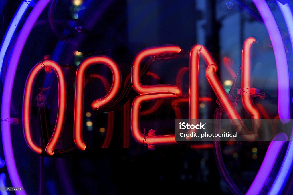 OPEN neon sign with rings  Color Image Stock Photo