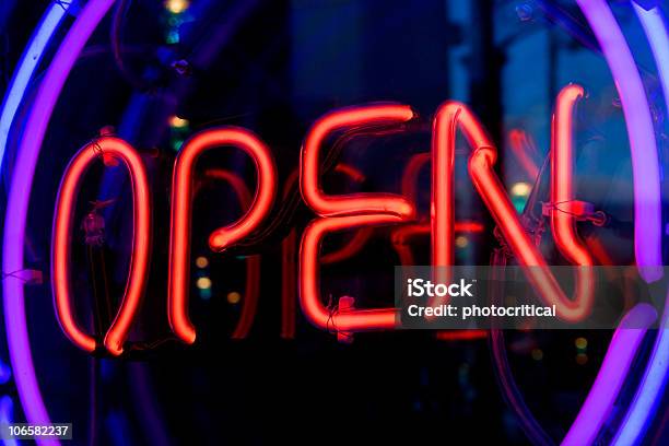 Open Neon Sign With Rings Stock Photo - Download Image Now - Color Image, Horizontal, Neon Lighting