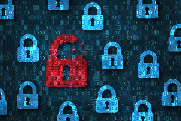 セキュリティ侵害、システムは、サイバー攻撃、脆弱なアクセス、侵害されたパスワード、ウイルス感染、バイナリコードを持つインターネットネットワークの下で安全でないデータを示す� - リスク 写真 ストックフォトと画像