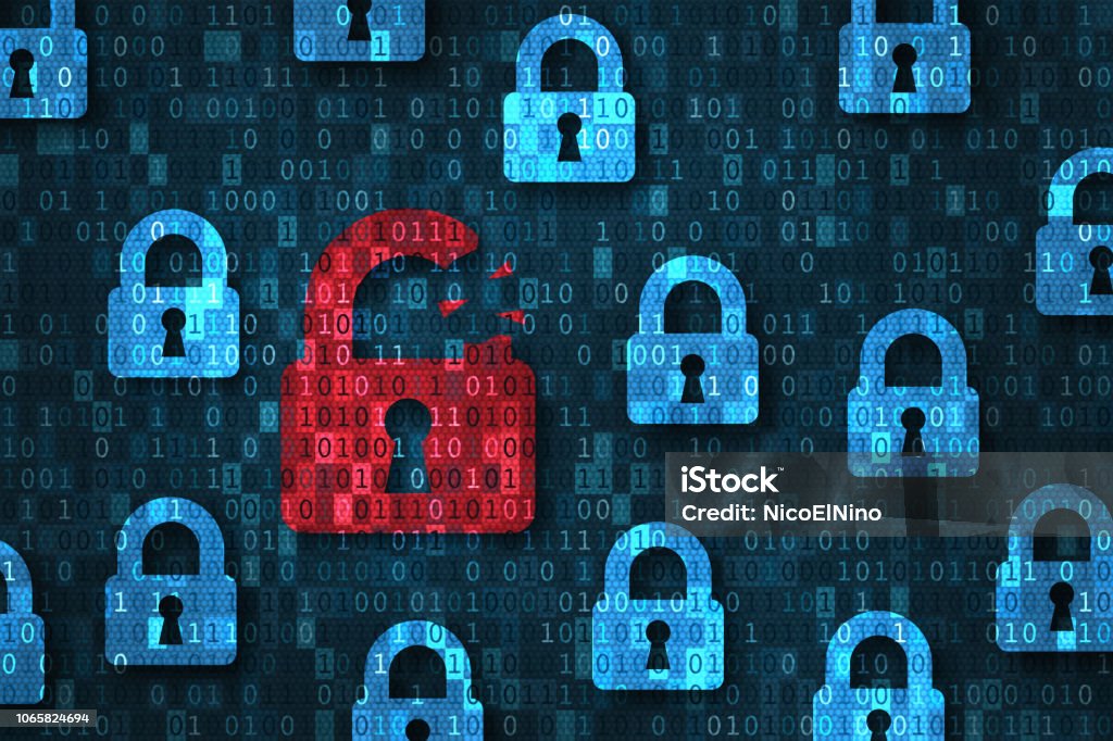 Security breach, system hacked alert with red broken padlock icon showing unsecure data under cyberattack, vulnerable access, compromised password, virus infection, internet network with binary code Internet Stock Photo