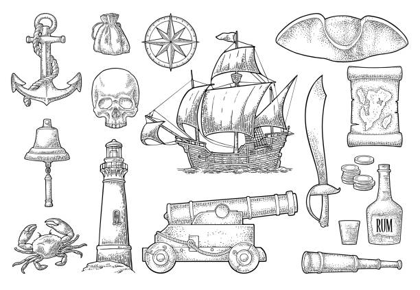 illustrations, cliparts, dessins animés et icônes de set aventure de pirate. gravure vintage de couleur vector - ship in a bottle bottle sailing ship nautical vessel