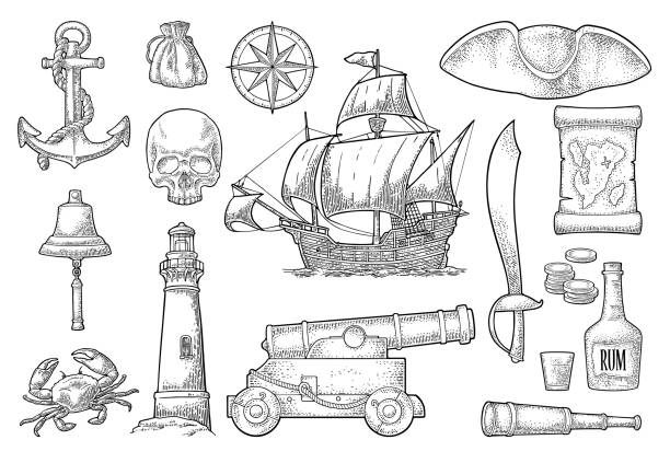 Set pirate adventure. Vector color vintage engraving Set pirate adventure. Anchor, rum bottle, cannon, tricorn, wheel, money bag, coins, skull, saber, caravel, compass, spyglass, lighthouse isolated on white background. Vector black vintage engraving nautical tattoos stock illustrations