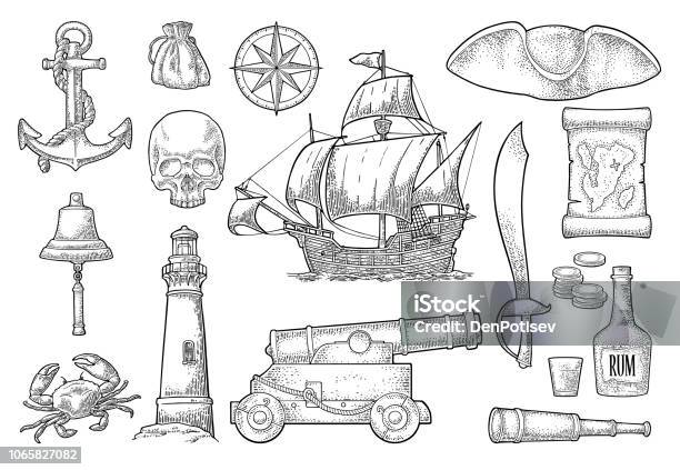 Set Pirate Adventure Vector Color Vintage Engraving Stock Illustration - Download Image Now