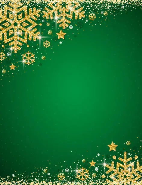 Vector illustration of Green christmas background with frame of gold glittering snowflakes, vector illustration