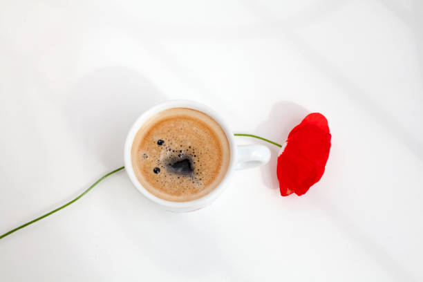 White mug of hot black coffee with foam and red poppy flower with green stem on white table in morning sunlight and beautiful shadows top view