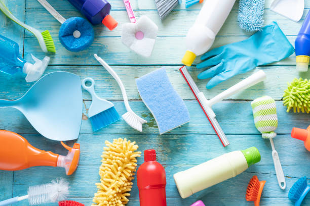 istock House cleaning product on wood table 1065835966