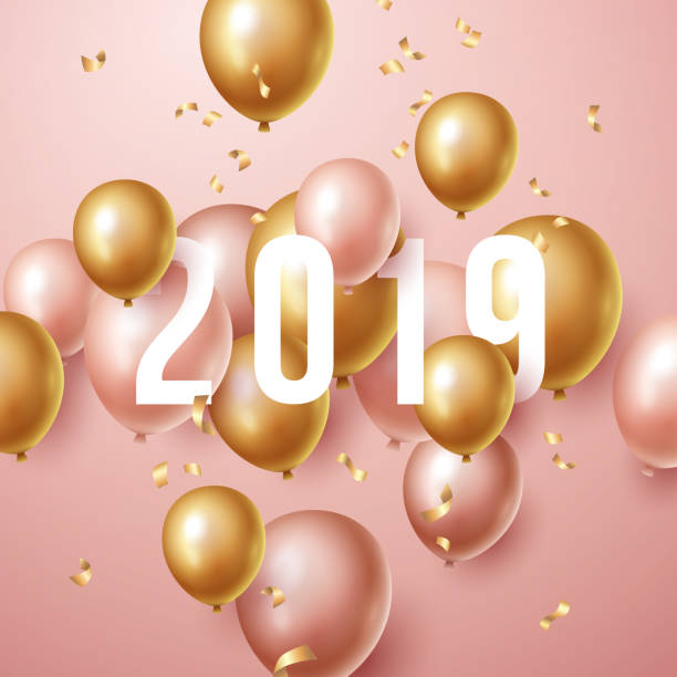 istock Happy new year 2019 background with floating party balloons 1065836004