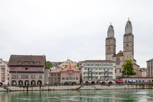 Zurich, Switzerland - June 12 2018 : The Grossmünster ('great minster') is a Romanesque-style Protestant church.