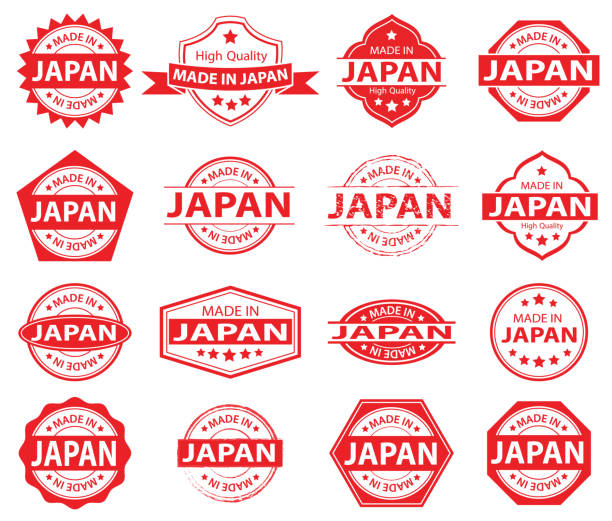 ilustraciones, imágenes clip art, dibujos animados e iconos de stock de hecho en japón etiqueta conjunto - made in japan