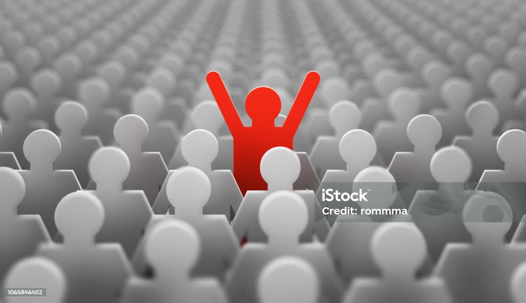 leader red man The symbol of a leader in the form of a red man with his hands up in a crowd of white men. 3d render Individuality Stock Photo