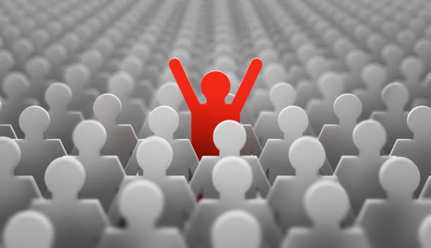 leader red man The symbol of a leader in the form of a red man with his hands up in a crowd of white men. 3d render individuality stock pictures, royalty-free photos & images