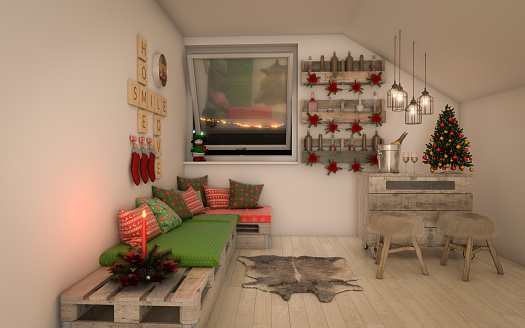 Digitally generated Christmas decorated cozy and rustic home interior design with high quality DIY euro pallet furniture. 

The scene was rendered with photorealistic shaders and lighting in Autodesk® 3ds Max 2016 with V-Ray 3.6 with some post-production added.