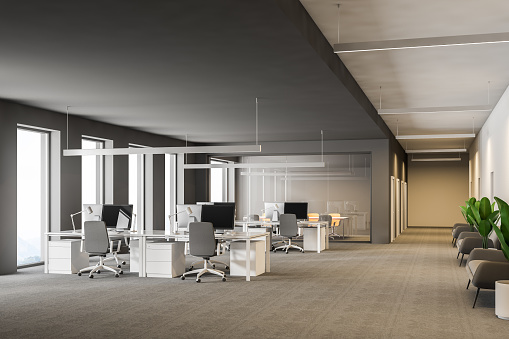 Modern grey office interior with rows of white computer desks and loft windows. Gray carpet on the floor. International company concept 3d rendering copy space