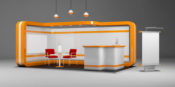 istock 3d Illustrated unique creative exhibition stand display design with table and chair, info board, roll up 1065858680