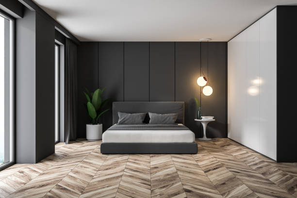istock Gray loft bedroom interior, double bed 1065859560