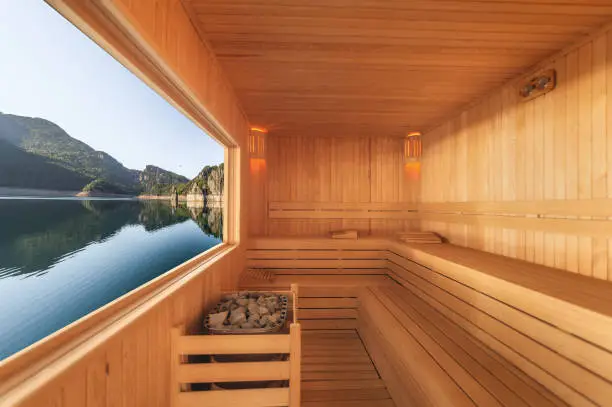 Sauna with mountain and lake view