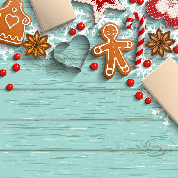 weihnachten hintergrund mit lebkuchen, gewürzen und ornamente - plätzchen backen stock-grafiken, -clipart, -cartoons und -symbole