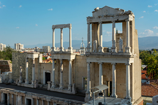 old columns and statues from the ancient roman theater in Plovdiv, Bulgaria