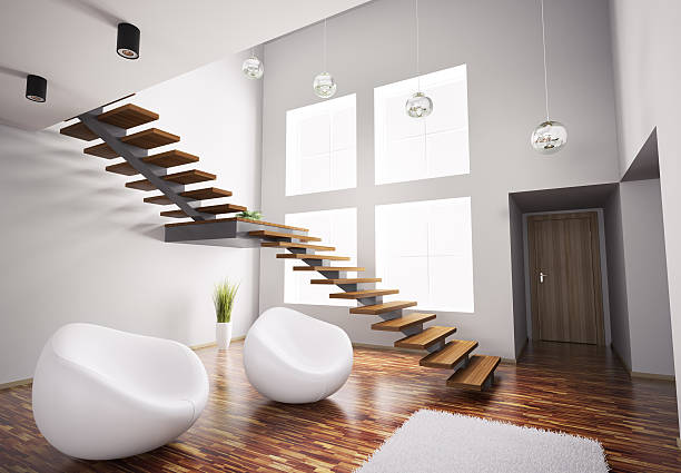 istock Modern interior with white armchairs and staircase 3d 106588567