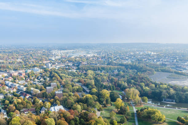 Aerial panorama from Florianturm  telecommunications tower and landmark in Dortmund Germany.