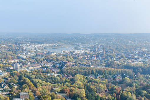 Aerial panorama from Florianturm  telecommunications tower and landmark in Dortmund Germany.