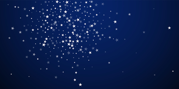 Random falling stars Christmas background. Subtle flying snow flakes and stars on dark blue night background. Astonishing winter silver snowflake overlay template. Worthy vector illustration.