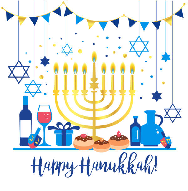 ilustrações de stock, clip art, desenhos animados e ícones de jewish holiday hanukkah greeting card traditional chanukah symbols - wooden dreidels spinning top , hebrew letters, donuts, menorah candles, oil jar, star david glowing lights illustration. - hanukkah candles