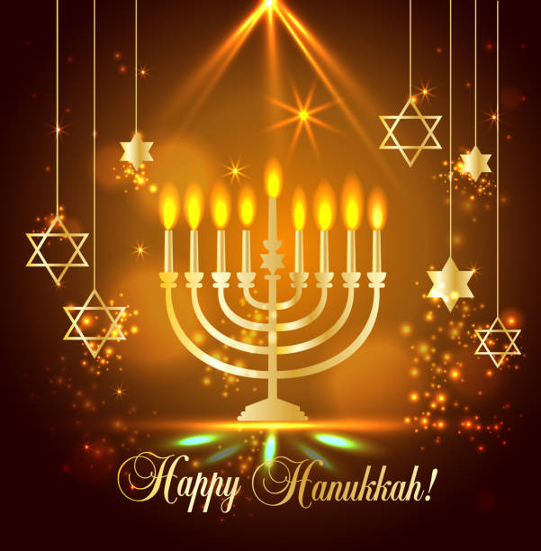 istock Happy Hanukkah Shining Background with Menorah, David Star and Bokeh Effect. illustration on blue. 1065897184