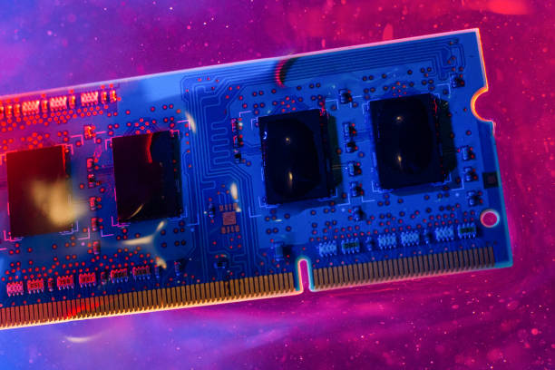 RAM memory from a laptop, ram. Blue and red light, under water. Technology of cyber-electronic concept. Technological background