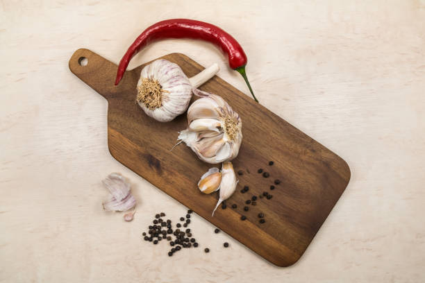 Spices and wooden table as background from the top