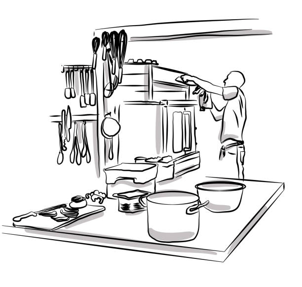 ilustrações de stock, clip art, desenhos animados e ícones de professional kitchen work - chef commercial kitchen cooking silhouette