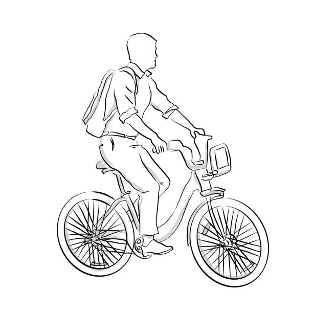 Young Adult Bike To Work Young man riding to work on a rented bicycle cycling bicycle pencil drawing cyclist stock illustrations