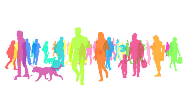 Colourful Silhouette Crowd Of People Large crowd of people in colourful silhouette urgency mother working father stock illustrations