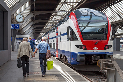 Zurich, Switzerland - June 13 2018: The Stadler KISS train operated by the Swiss Federal Railways in Zürich HB train station.