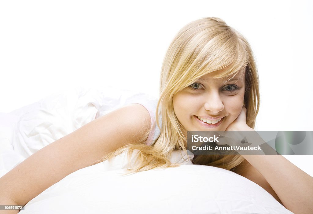 Good morning serie beautiful blond girl in bed- 16-17 Years Stock Photo
