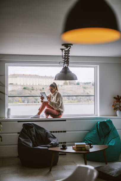 istock Woman sitting on the window and using tablet. Living room interior. 1065919892