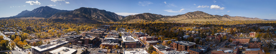 Aerial view of Boulder, Colorado against the mountains.