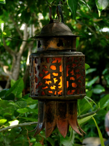 Hanging lantern in the tropical jungle giving off soft light.