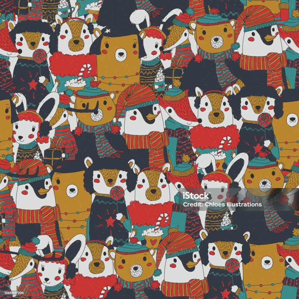 raster vintage christmas seamless pattern with festive animals wearing warm winter clothes. retro xmas repeating background. rusty and old christmas wrapping paper with bunch of animal portraits. raster vintage christmas seamless pattern with festive animals wearing warm winter clothes. retro xmas repeating background. rusty and old christmas wrapping paper with bunch of woodland animal portraits. Winter stock vector